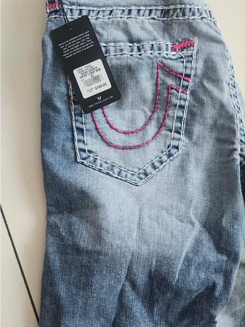 True Religion Light Blue Shorts with Pink Stitching